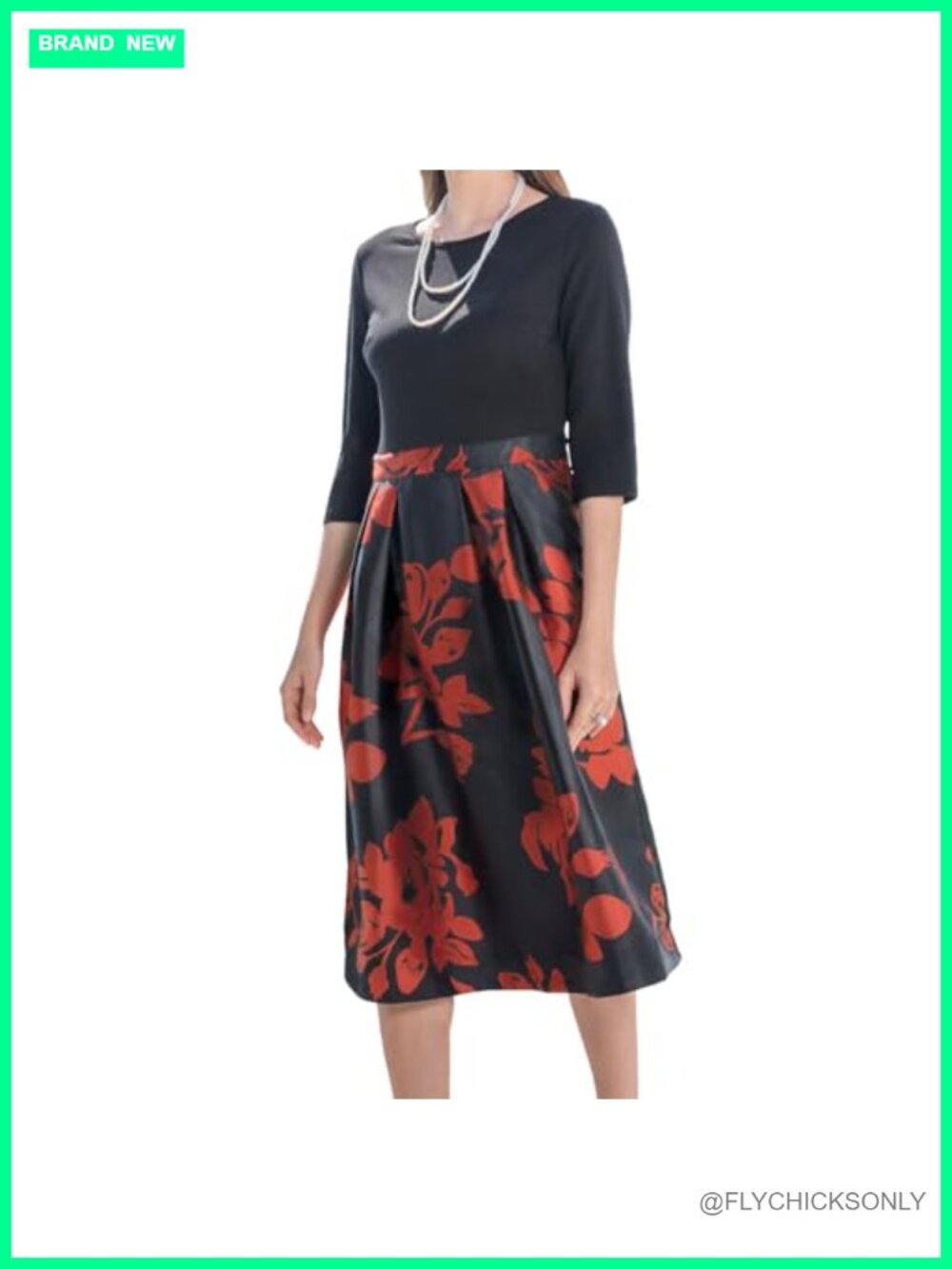 Quatrefox Midi Dress 3/4 Sleeve Crewneck A-Line Side Zipper Work Teacher